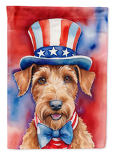 Load image into Gallery viewer, Irish Terrier Patriotic American Garden Flag – Dog in Uncle Sam Hat | Red, White &amp; Blue Outdoor Decor