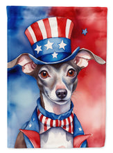 Load image into Gallery viewer, Italian Greyhound Patriotic American Garden Flag – Dog in Uncle Sam Hat | Red, White &amp; Blue Outdoor Decor