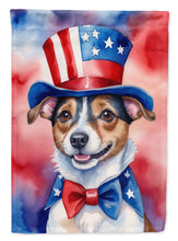 Load image into Gallery viewer, Jack Russell Terrier Patriotic American Garden Flag – Dog in Uncle Sam Hat | Red, White &amp; Blue Outdoor Decor