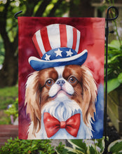 Load image into Gallery viewer, Japanese Chin Patriotic American Garden Flag – Dog in Uncle Sam Hat | Red, White &amp; Blue Outdoor Decor