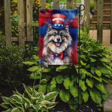 Load image into Gallery viewer, Keeshond Patriotic American Garden Flag – Dog in Uncle Sam Hat | Red, White &amp; Blue Outdoor Decor