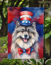Load image into Gallery viewer, Keeshond Patriotic American Garden Flag – Dog in Uncle Sam Hat | Red, White &amp; Blue Outdoor Decor