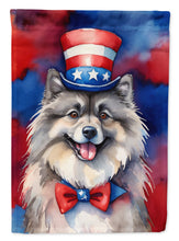 Load image into Gallery viewer, Keeshond Patriotic American Garden Flag – Dog in Uncle Sam Hat | Red, White &amp; Blue Outdoor Decor