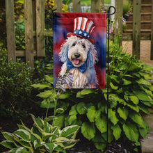 Load image into Gallery viewer, Komondor Patriotic American Garden Flag – Dog in Uncle Sam Hat | Red, White &amp; Blue Outdoor Decor