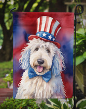 Load image into Gallery viewer, Komondor Patriotic American Garden Flag – Dog in Uncle Sam Hat | Red, White &amp; Blue Outdoor Decor