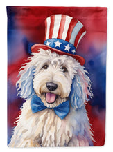 Load image into Gallery viewer, Komondor Patriotic American Garden Flag – Dog in Uncle Sam Hat | Red, White &amp; Blue Outdoor Decor