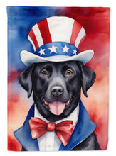 Load image into Gallery viewer, Labrador Retriever Patriotic American Garden Flag – Dog in Uncle Sam Hat | Red, White &amp; Blue Outdoor Decor