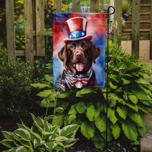 Load image into Gallery viewer, Labrador Retriever Patriotic American Garden Flag – Dog in Uncle Sam Hat | Red, White &amp; Blue Outdoor Decor