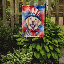 Load image into Gallery viewer, Labrador Retriever Patriotic American Garden Flag – Dog in Uncle Sam Hat | Red, White &amp; Blue Outdoor Decor