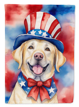 Load image into Gallery viewer, Labrador Retriever Patriotic American Garden Flag – Dog in Uncle Sam Hat | Red, White &amp; Blue Outdoor Decor
