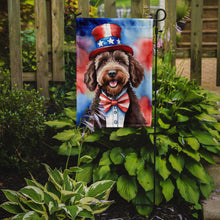 Load image into Gallery viewer, Labradoodle Patriotic American Garden Flag – Dog in Uncle Sam Hat | Red, White &amp; Blue Outdoor Decor