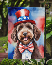 Load image into Gallery viewer, Labradoodle Patriotic American Garden Flag – Dog in Uncle Sam Hat | Red, White &amp; Blue Outdoor Decor
