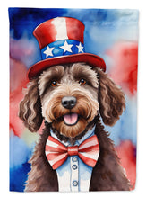 Load image into Gallery viewer, Labradoodle Patriotic American Garden Flag – Dog in Uncle Sam Hat | Red, White &amp; Blue Outdoor Decor