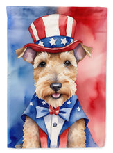 Load image into Gallery viewer, Lakeland Terrier Patriotic American Garden Flag – Dog in Uncle Sam Hat | Red, White &amp; Blue Outdoor Decor