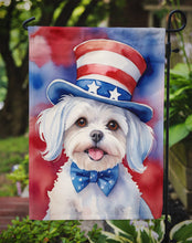 Load image into Gallery viewer, Maltese Patriotic American Garden Flag – Dog in Uncle Sam Hat | Red, White &amp; Blue Outdoor Decor