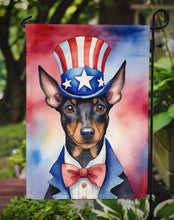 Load image into Gallery viewer, Manchester Terrier Patriotic American Garden Flag – Dog in Uncle Sam Hat | Red, White &amp; Blue Outdoor Decor