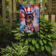 Load image into Gallery viewer, Miniature Pinscher Patriotic American Garden Flag – Dog in Uncle Sam Hat | Red, White &amp; Blue Outdoor Decor