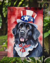 Load image into Gallery viewer, Newfoundland Patriotic American Garden Flag – Dog in Uncle Sam Hat | Red, White &amp; Blue Outdoor Decor