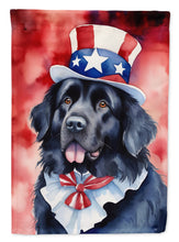 Load image into Gallery viewer, Newfoundland Patriotic American Garden Flag – Dog in Uncle Sam Hat | Red, White &amp; Blue Outdoor Decor