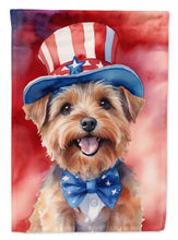 Load image into Gallery viewer, Norfolk Terrier Patriotic American Garden Flag – Dog in Uncle Sam Hat | Red, White &amp; Blue Outdoor Decor