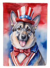 Load image into Gallery viewer, Norwegian Elkhound Patriotic American Garden Flag – Dog in Uncle Sam Hat | Red, White &amp; Blue Outdoor Decor
