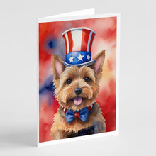 Load image into Gallery viewer, Norwich Terrier Patriotic American Greeting Cards - Blank Note Cards – 8-Pack of Artist-Designed Cards with Envelopes