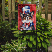 Load image into Gallery viewer, Papillon Patriotic American Garden Flag – Dog in Uncle Sam Hat | Red, White &amp; Blue Outdoor Decor