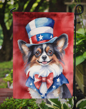 Load image into Gallery viewer, Papillon Patriotic American Garden Flag – Dog in Uncle Sam Hat | Red, White &amp; Blue Outdoor Decor