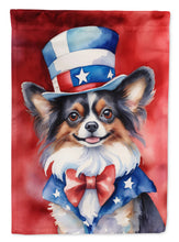 Load image into Gallery viewer, Papillon Patriotic American Garden Flag – Dog in Uncle Sam Hat | Red, White &amp; Blue Outdoor Decor