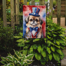 Load image into Gallery viewer, Pekingese Patriotic American Garden Flag – Dog in Uncle Sam Hat | Red, White &amp; Blue Outdoor Decor