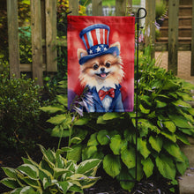 Load image into Gallery viewer, Pomeranian Patriotic American Garden Flag – Dog in Uncle Sam Hat | Red, White &amp; Blue Outdoor Decor