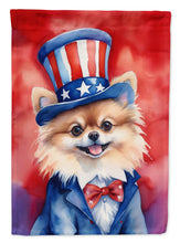 Load image into Gallery viewer, Pomeranian Patriotic American Garden Flag – Dog in Uncle Sam Hat | Red, White &amp; Blue Outdoor Decor