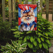 Load image into Gallery viewer, Pomeranian Patriotic American Garden Flag – Dog in Uncle Sam Hat | Red, White &amp; Blue Outdoor Decor