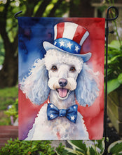 Load image into Gallery viewer, White Poodle Patriotic American Garden Flag – Dog in Uncle Sam Hat | Red, White &amp; Blue Outdoor Decor