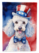 Load image into Gallery viewer, White Poodle Patriotic American Garden Flag – Dog in Uncle Sam Hat | Red, White &amp; Blue Outdoor Decor