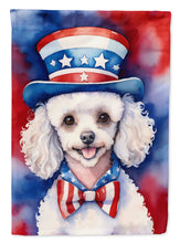 Load image into Gallery viewer, White Poodle Patriotic American Garden Flag – Dog in Uncle Sam Hat | Red, White &amp; Blue Outdoor Decor