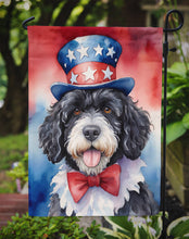 Load image into Gallery viewer, Portuguese Water Dog Patriotic American Garden Flag – Dog in Uncle Sam Hat | Red, White &amp; Blue Outdoor Decor