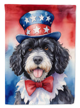 Load image into Gallery viewer, Portuguese Water Dog Patriotic American Garden Flag – Dog in Uncle Sam Hat | Red, White &amp; Blue Outdoor Decor