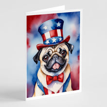 Load image into Gallery viewer, Pug Patriotic American Greeting Cards - Blank Note Cards – 8-Pack of Artist-Designed Cards with Envelopes