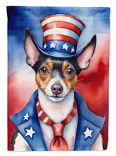 Load image into Gallery viewer, Rat Terrier Patriotic American Garden Flag – Dog in Uncle Sam Hat | Red, White &amp; Blue Outdoor Decor