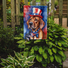 Load image into Gallery viewer, Rhodesian Ridgeback Patriotic American Garden Flag – Dog in Uncle Sam Hat | Red, White &amp; Blue Outdoor Decor