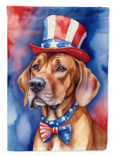 Load image into Gallery viewer, Rhodesian Ridgeback Patriotic American Garden Flag – Dog in Uncle Sam Hat | Red, White &amp; Blue Outdoor Decor