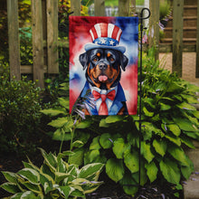 Load image into Gallery viewer, Rottweiler Patriotic American Garden Flag – Dog in Uncle Sam Hat | Red, White &amp; Blue Outdoor Decor