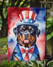 Load image into Gallery viewer, Rottweiler Patriotic American Garden Flag – Dog in Uncle Sam Hat | Red, White &amp; Blue Outdoor Decor