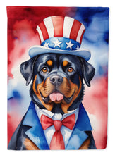 Load image into Gallery viewer, Rottweiler Patriotic American Garden Flag – Dog in Uncle Sam Hat | Red, White &amp; Blue Outdoor Decor