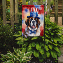 Load image into Gallery viewer, Saint Bernard Patriotic American Garden Flag – Dog in Uncle Sam Hat | Red, White &amp; Blue Outdoor Decor