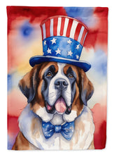 Load image into Gallery viewer, Saint Bernard Patriotic American Garden Flag – Dog in Uncle Sam Hat | Red, White &amp; Blue Outdoor Decor