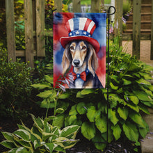 Load image into Gallery viewer, Saluki Patriotic American Garden Flag – Dog in Uncle Sam Hat | Red, White &amp; Blue Outdoor Decor