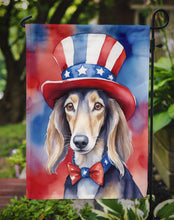 Load image into Gallery viewer, Saluki Patriotic American Garden Flag – Dog in Uncle Sam Hat | Red, White &amp; Blue Outdoor Decor