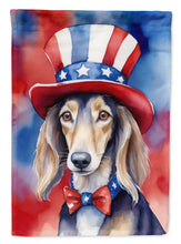 Load image into Gallery viewer, Saluki Patriotic American Garden Flag – Dog in Uncle Sam Hat | Red, White &amp; Blue Outdoor Decor